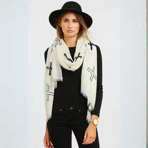 Soft Large Cross Print Scarf Wrap Acrylic Raw Edge Style 67x29 NWT